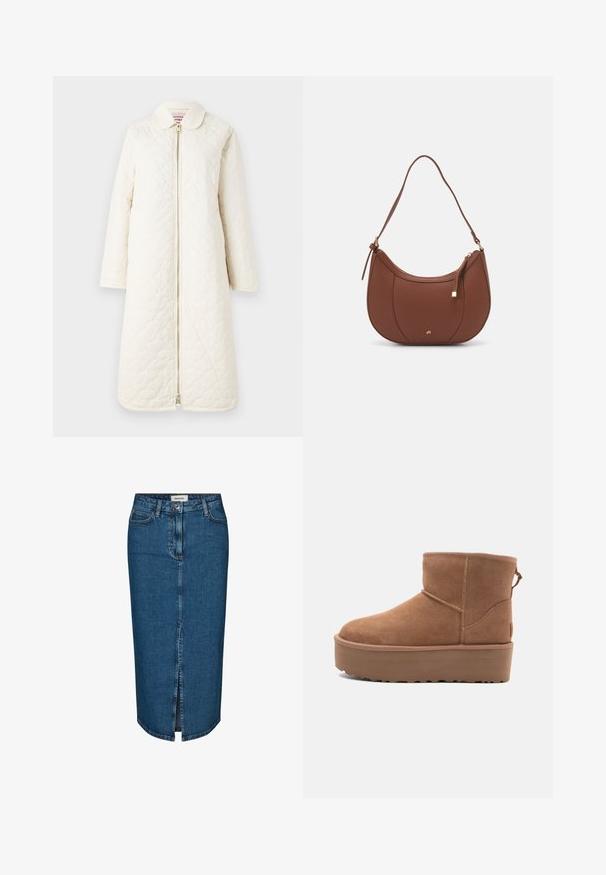 Vaatetettu, polvipituinen takki vaaleassa valkoisessa. Sisältää kauluksen ja edessä vetoketjukiinnityksen. Sujuva pinta hienovaraisella kuviolla.; Valkoinen lyhythihainen toppi, jossa on rento leikkaus, kevyt materiaali ja pyöreä kaula-aukko. Takakuvassa näkyy sileä ja yksinkertainen muotoilu.; Tummansininen denim-mekko, jossa on edessä halkio, viisi taskua ja kontrastiväriset saumat. Keskikorkea vyötärö ja klassinen muotoilu.; Tan suede nilonini kidogo chukua na sahani ya jukwaa, mguu wenye umbo la duara, na mapambo ya kushona; inajumuisha kipande cha kubana nyuma kwa kuvaa kwa urahisi.; Ruskea keinonahkainen olkalaukku, jossa on kaareva muoto, minimaalinen ompelu ja kultasävyinen varuste. Varustettu ylhäältä avautuvalla vetoketjullisella suljennalla ja säädettävällä hihnalla.