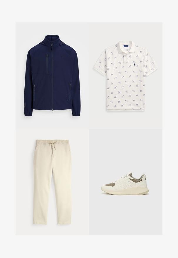 Polo Ralph Lauren PACKABLE HOODED JACKET - Vējjaka - refined navy; Balta polo krekls, kas izgatavots no kokvilnas, ar atkārtotu zilu suņu rakstu un mazu zilu logo uz krūšu daļas. Īsas piedurknes un apkakle.; Off-white ikdienas bikses ar elastīgu jostu un auklu, taisnām kājām un sānu kabatām uz vienkārša fona.; Baltas un gaiši bež sporta apavi, ar sieta augšdaļu, perforētiem detaļām un teksturētu vidusdaļu ar zīmolu uz papēža.
