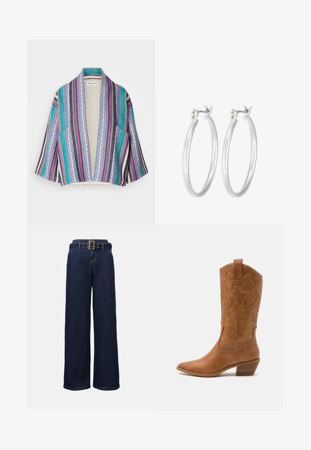 Pestrý kardigán v kimono štýle s kombináciou pruhov v odtieňoch tyrkysovej, námornej modrej, ružovej a bielej farby so geometrickými vzormi. Otvorený predný diel, krátke rukávy.; Košeľa na gombíky s vertikálnymi pruhmi v odtieňoch modrej, čiernej a bielej. Vyrobená z hladkej látky s klasickým golierom a gombíkovým zapínaním.; Tmavomodré riflové nohavice s širokými nohavicami, so šitými vreckami a zodpovedajúcim opaskom s veľkou obdĺžnikovou zlatou prackou.; Hnedé kožené kovbojské topánky s špicatou špičkou, vyšívanými vírivkami na štýle a blokovým podpätkom. Obsahuje praktický pútko na ľahké obúvanie.; Strieborné kruhové náušnice s hladkým, lesklým povrchom. Kolový tvar a bezpečné klikanie na uzatváranie. Ľahký dizajn vhodný na každodenné nosenie.