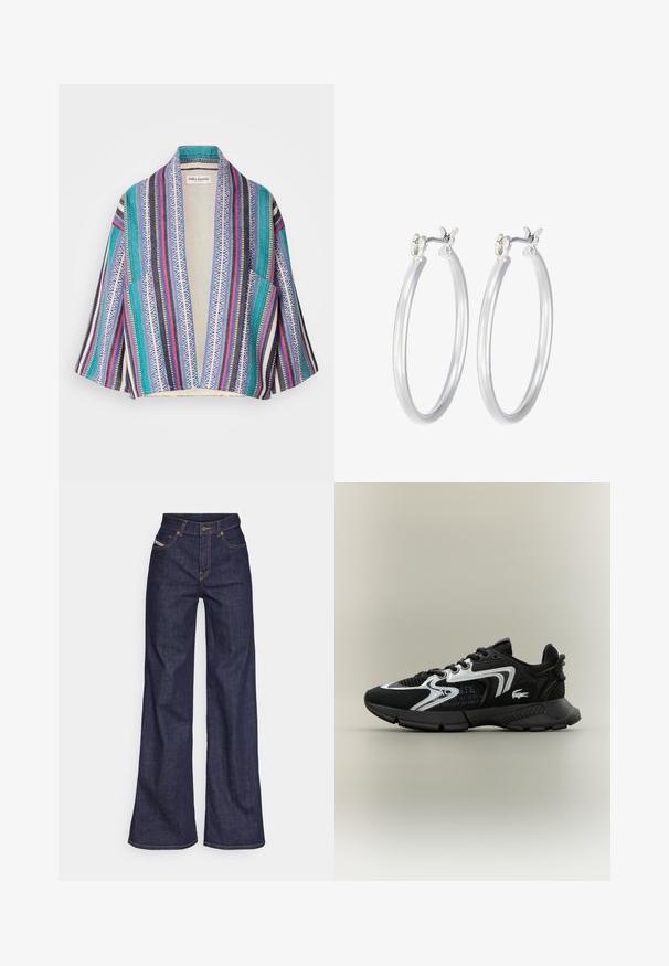 Kleurrijke kimono-stijl cardigan met een mix van strepen in teal, marineblauw, roze en wit met geometrische patronen. Open voorkant, korte mouwen.; Witte geribbelde langemouwen top met een ronde halslijn. Gemaakt van een rekbare stof die het lichaam volgt. Heeft subtiele horizontale lijnen.; Donkerblauwe wijde jeans van denimstof met een hoge taille, voorzien van oranje stiksels, een vijf-pocket ontwerp en een knoopsluiting.; Zwarte sportschoenen met gaaspanelen, zilveren accenten en gestructureerde zwarte overlays. Voorzien van veters en een gebogen, stevige buitenzool.; Zilveren oorbellen in de vorm van een gladde, gepolijste ring. Ronde vorm met een veilige kliksluiting. Lichtgewicht ontwerp, geschikt voor dagelijks gebruik.