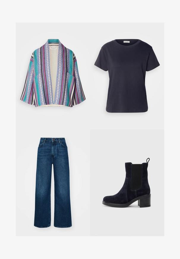 Colorful kimono-style cardigan featuring a mix of stripes in teal, navy, pink, and white with geometric patterns. Open front, short sleeves.; Navy blue cotton T-shirt with a round neckline, short sleeves, and a relaxed fit. Smooth texture and minimalist design, no visible patterns.; High-waisted, wide-leg jeans in dark blue denim with a smooth texture, contrast stitching, and five-pocket design. Front button closure.; Navy blue suede ankle boot with elastic side panel, rounded toe, and block heel. Textured fabric and smooth sole add contrast.