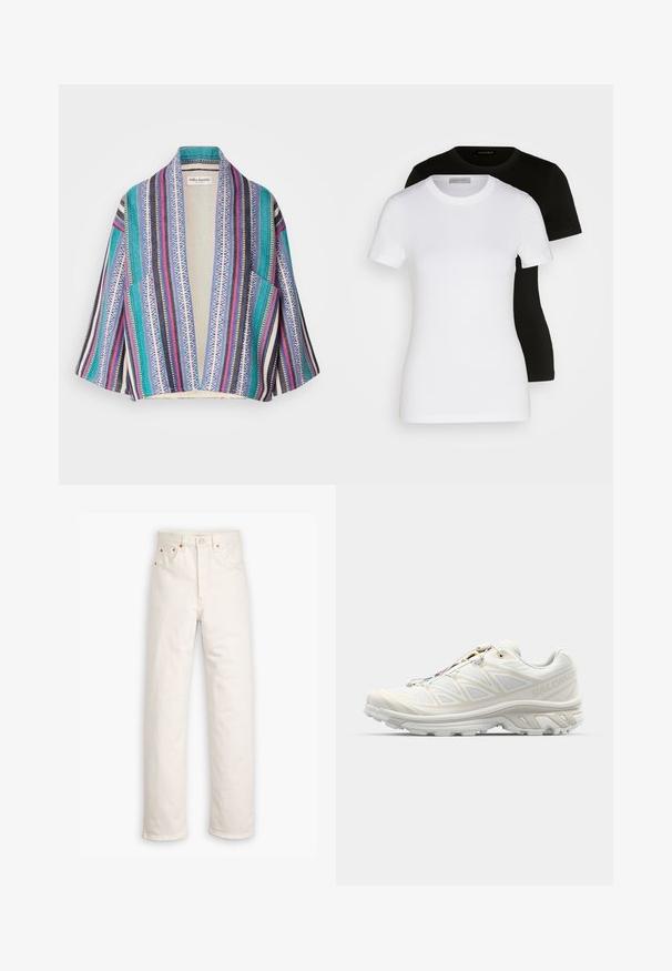 Spalvota kimono stiliaus kardiganas su mišiniu dryžių melsvai žaliame, tamsiai mėlyname, rožiniame ir baltame fone, dekoruotas geometriniais raštais. Atviras priekis, trumpomis rankovėmis.; Du grietos rankovės T-marškiniai juodos ir baltos spalvos. Pagaminti iš lygaus medvilnės, su klasikine apvalia iškirpte ir įprastu pritaikymu.; Balti džinsai su tiesiais kojom, penkių kišenių stilius ir vario detalės. Neapdorotas apdailos kraštas ties kulkšnimis.; Baltos bėgimo bateliai su kvėpuojančia tinklelio medžiaga, tekstūruotais akcentais ir paminkštintu padu. Ypatybė - greito užrišimo sistema, skirta lengvam pritaikymui.