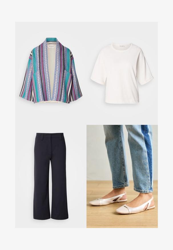 Színes, kimono stílusú kardigán, amely teal, tengerészkék, rózsaszín és fehér csíkok keverékét mutatja geometrikus mintákkal. Nyitott elülső rész, rövid ujjak.; Fehér pamut póló laza szabással, rövid, felhajtott ujjakkal, kerek nyakkal és sima textúrával. Egyszerű, minimalista dizájn.; Sötét navy színű, bő szárú nadrág. Lapos elülső rész, övhurkok és oldalsó zsebek jellemzik. Az anyag sima, enyhe rugalmassággal rendelkezik.; Világos rózsaszín slingback laposlábú cipők, hegyes orral, sima bőrhatású anyagból készült. Oldalt kivágott részletek találhatók rajta, valamint lapos sarkú.