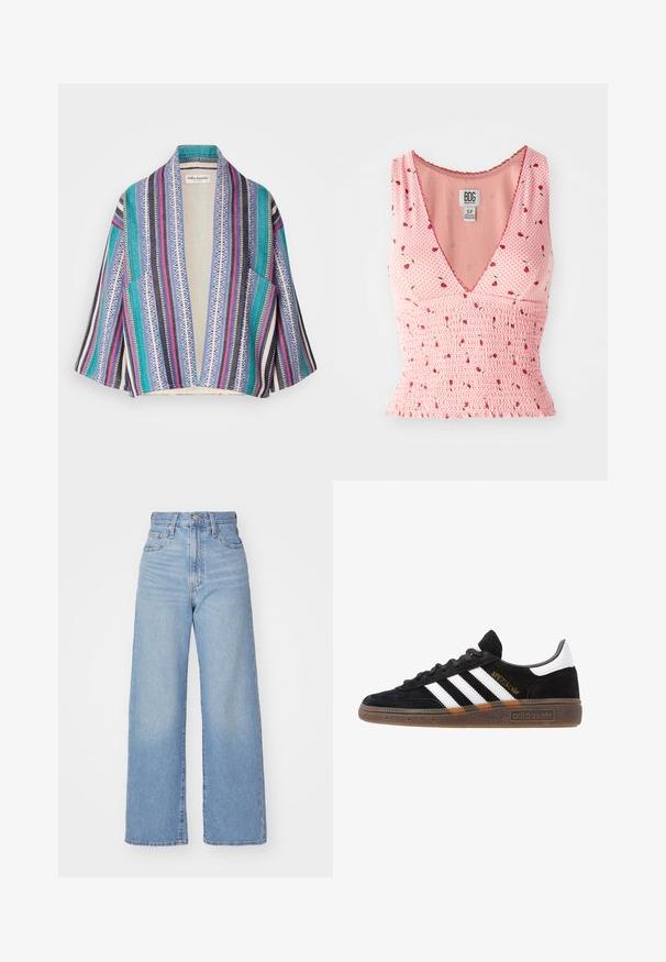 Värvikas kimono-stiilis kardigan, millel on erinevaid triipu tealktaselt, mereväe sinist, roosat ja valget ning geomeetrilisi mustreid. Avatud ees, lühikesed varrukad.; Roosa ilma varrukateta topp V-kaelusega, kus on smockimise detailid ja lillemuster. Väikesed punased lilled on hajutatud täppide taustale.; Heledad sinine kõrge vöökohaga laiad teksad, ees nupp ja tõmblukk, ees ja taga taskud, valge tausta peal.; Mustad must Adidas'i sneaker valgete triipudega, kuldse "Spezial" tekstiga, kummi tallaga ja valge kontsaga, kujutatud külgvaates.