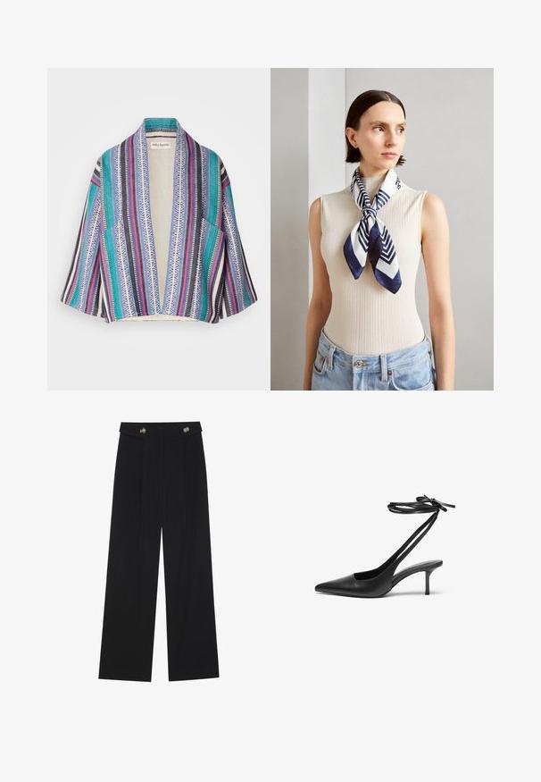 Colorful kimono-style cardigan featuring a mix of stripes in teal, navy, pink, and white with geometric patterns. Open front, short sleeves.; Black t-shirt with ribbed texture, round neckline featuring white scalloped trim, and short sleeves with matching scalloped accents.; Black wide-leg trousers with high waist, button details on waistband, and front pleats.; Black leather stiletto shoe with a pointed toe, open back, and ankle straps tied in a bow. Slim 3-inch heel. Smooth texture, minimalist design.; Silk scarf in navy blue and white with a geometric zigzag pattern. Smooth texture, tied neatly around the neck, complementing a ribbed top.; Black leather crossbody bag featuring a smooth texture, rectangular shape, and a metallic chain detail on the front. Adjustable strap included.