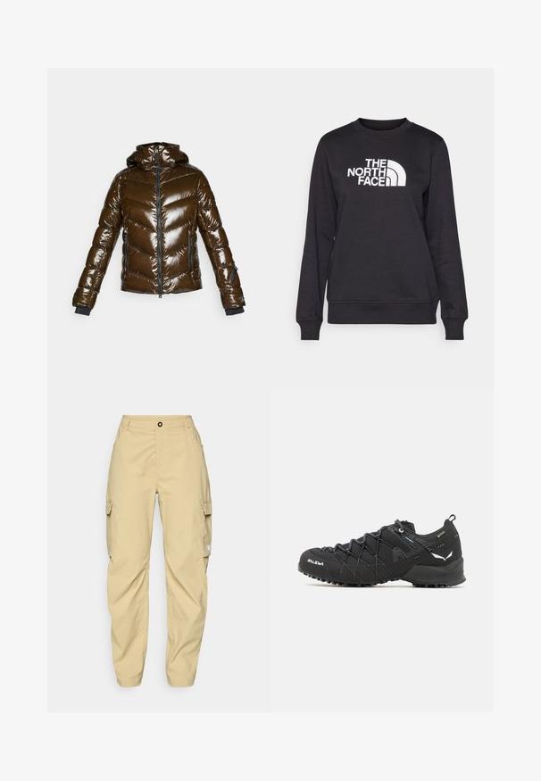 Braune Pufferjacke mit glänzender Oberfläche, Zickzackmuster, Reißverschluss vorne und Kapuze. Mit schwarzen Akzenten und zwei seitlichen Taschen.; Schwarzes Sweatshirt mit Rundhalsausschnitt, langen Ärmeln, gerippten Bündchen und einem weißen "The North Face"-Logo, das zentral auf der Vorderseite platziert ist. Glatte Textur.; The North Face EXPLORATION CARGO PANTS - Outdoor-Hose - khaki stone; Schwarze Wanderschuhe mit einem strukturierten Obermaterial aus Stoff, Schnürsystem und robuster Gummisohle. Akzentuiert mit reflektierenden Details und Logos.