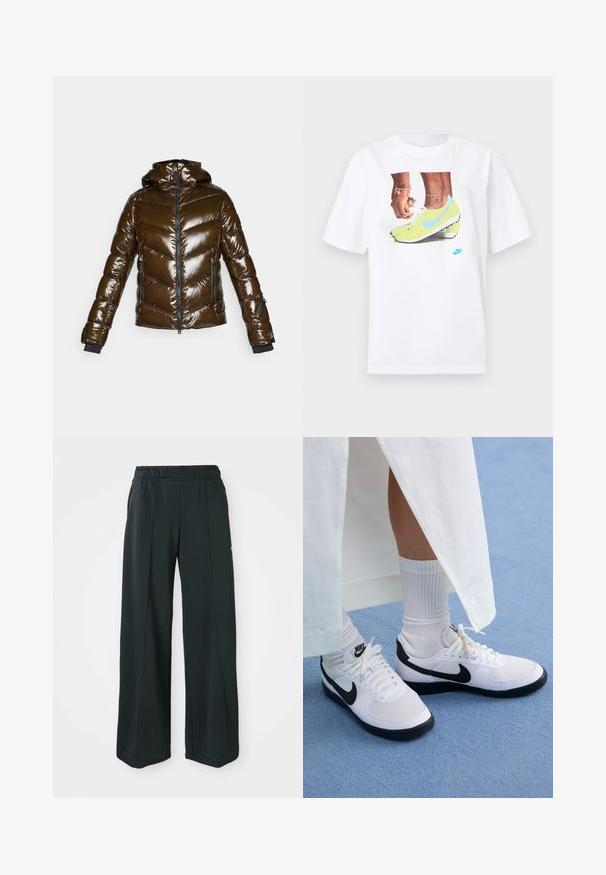 Hnedá puffa bunda so lesklým povrchom, šikmým vzorom, zipsom na prednej strane a kapucňou. Obsahuje čierne akcenty a dve bočné vrecká.; Biely bavlnený tričko s grafikou nôh v žltých kopačkách Nike s modrými akcentmi, doplnené náramkom na ľavej ruke.; Čierne, široké športové nohavice s elastickým pásom. Vyrobené z hladkej, pružnej tkaniny, s jemnými prednými švami a bez vreciek.; Biele Nike tenisky s čiernymi akcentmi, s hladkým koženým zvrškom, bielymi šnúrkami a pevnými gumovými podrážkami, spárované s bielymi rebrovanými ponožkami.