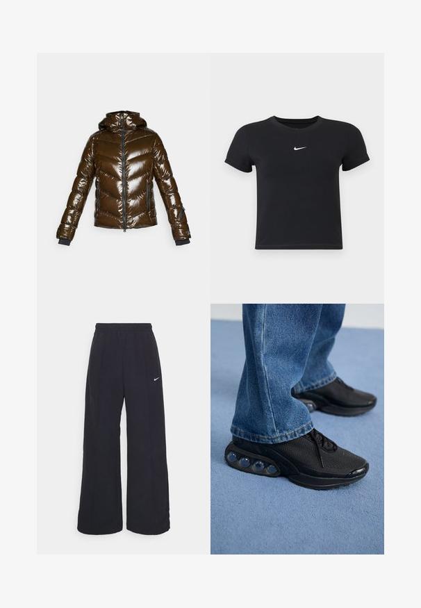 Hnědá nafukovací bunda s lesklým povrchem, vzorem ve tvaru šípů, se zipem vpředu a kapucí. Obsahuje černé detaily a dvě boční kapsy.; Černé tričko s krátkým rukávem vyrobené z bavlny s kulatým výstřihem. Na hrudi se nachází bílé logo Nike, minimalistický design a přiléhavý střih.; Černé kalhoty s širokými nohavicemi, elastickým pasem a malým bílým logem Nike. Tkanina má hladkou strukturu, navrženou pro pohodlí a každodenní nošení.; Černé sportovní tenisky s síťovaným svrškem, texturovanými akcenty a viditelnými vzduchovými polštářky v podešvi. Nosené s modrými denimovými džíny.