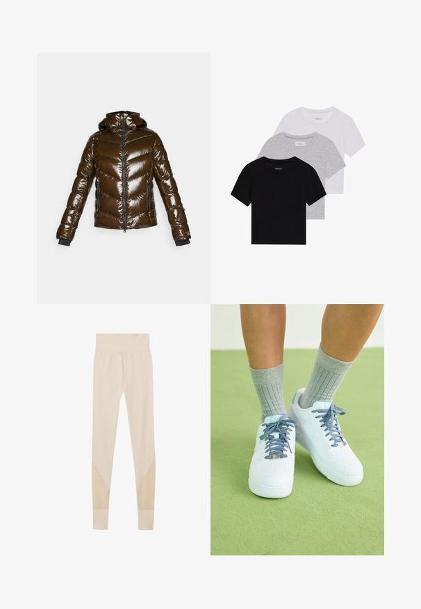 Pruun puffjakker, millel on läikiv viimistlus, ševronmuster, lukuga esiosa ja kapuuts. Omab musti aktsente ja kahte küljetaskut.; Kollektsioon kolm lühikese varrukaga T-särki mustas, hallis ja valges värvitoonis. Valmistatud puuvillast, ümmarguse kaelusega ja lihtsa, ühevärvilise disainiga.; Beez leggings, mis valmistatud venivast materjalist, laia vöökoha ja kolmnurkse kujuga võrkkattega madalamates jalgades.; Valged nahast tennisetooted siniste aktsentide ja augustatud varba disainiga, tekstuuriga sinivalged paelad, kantud hallide ribakudumitega sokkidega.