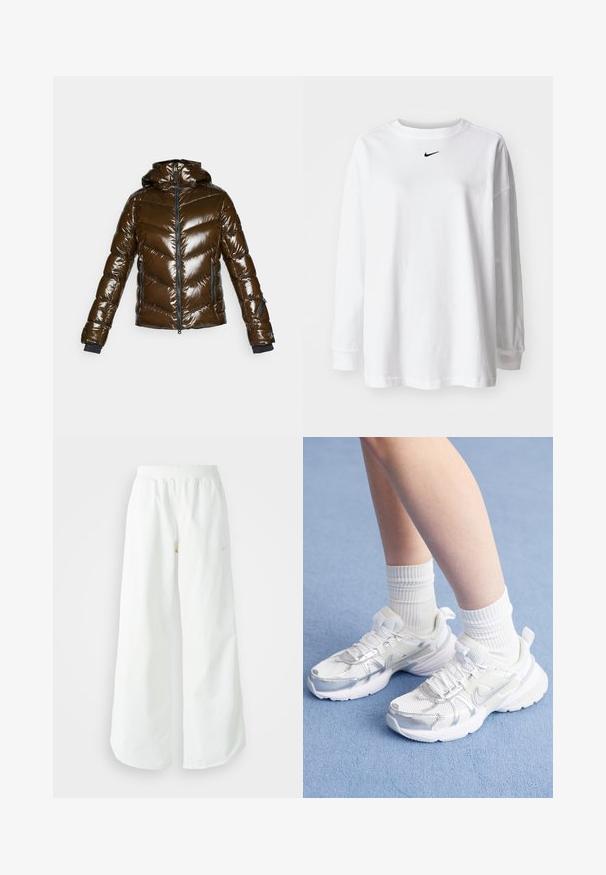 Giacca a vento marrone con finitura lucida, motivo a zigzag, chiusura con zip sul davanti e cappuccio. Presenta dettagli neri e due tasche laterali.; T-shirt bianco a maniche lunghe realizzato in cotone, con scollo tondo e un piccolo logo Nike nero sul petto. Design semplice, vestibilità rilassata.; Pantaloni sportivi bianchi a gamba larga con vita a coste e delicato dettaglio del logo. Tessuto liscio con vestibilità rilassata e orlo affusolato.; Scarpe sportive bianche con sovrapposizioni in rete e sintetico, con un logo Nike argentato, abbinate a calzini bianchi a coste su una superficie blu.