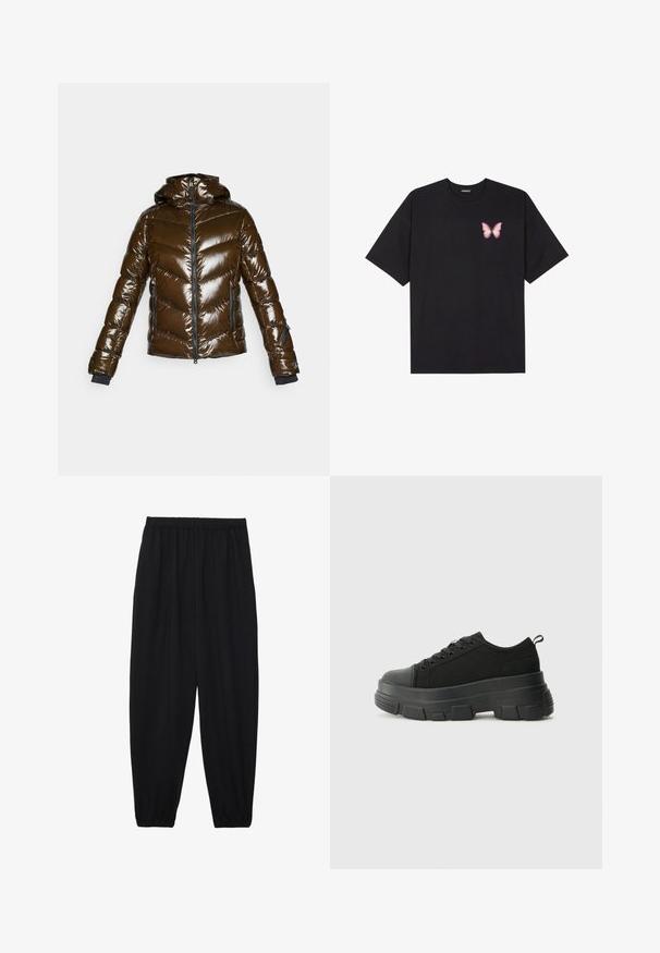 Braune Pufferjacke mit glänzender Oberfläche, Zickzackmuster, Reißverschluss vorne und Kapuze. Mit schwarzen Akzenten und zwei seitlichen Taschen.; Schwarzes Baumwoll-T-Shirt mit kurzen Ärmeln, das ein kleines pinkes Schmetterlingsmotiv auf der linken Brust zeigt. Crewneck-Design mit einem entspannten Schnitt.; Schwarze, leichte Hosen mit einem elastischen Bund und gerafften Knöcheln. Der Stoff ist glatt und hat ein entspanntes, schmal zulaufendes Design.; Schwarze Sneakers mit einer dicken Gummisohle, strukturiertem Obermaterial, runder Zehenpartie und Schnürdesign. Verfügt über verstärkte Ösen und eine Schlaufe an der Rückseite.
