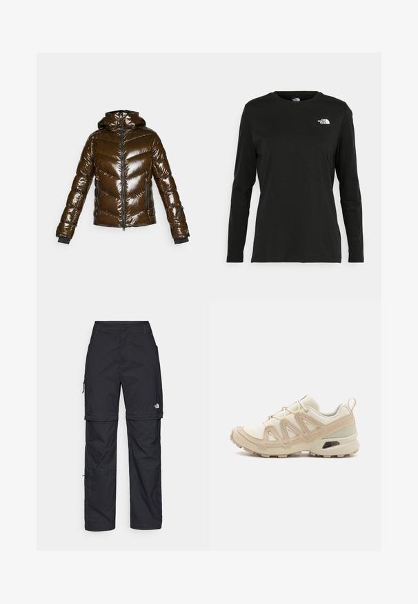 Brun pufferjakke med en skinnende finish, chevron-mønster, lynlås foran og hætte. Har sorte accenter og to sidelommer.; Sort langærmet t-shirt lavet af bomuld med rund hals. Har et lille hvidt logo på venstre brystområde. Enkel design og pasform.; Sorte nylon cargo bukser med lynlås, justerbare manchetter, flere lommer og et logo på højre ben. Glat, let tekstur.; Beige og creme atletiksko med struktureret mesh-overdel, støttende overlays og gummiyderside med et mønster for trækkraft.