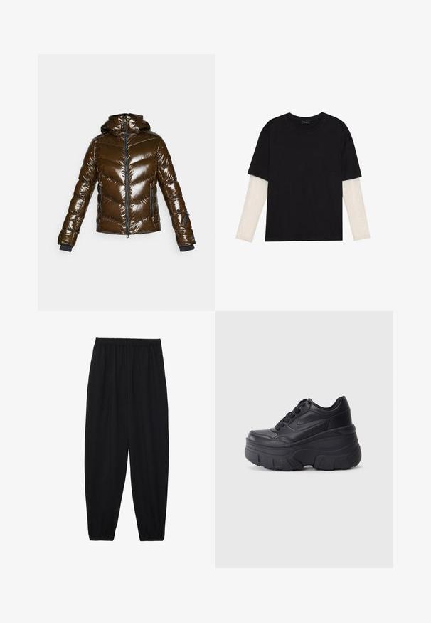 Hnedá puffa bunda so lesklým povrchom, šikmým vzorom, zipsom na prednej strane a kapucňou. Obsahuje čierne akcenty a dve bočné vrecká.; Čierne tričko z bavlny, s krátkymi rukávmi cez biele tričko s dlhým rukávom, s jemným textúrovaným vzorom. Design s okrúhlym výstrihom.; Čierne, ľahké nohavice s elastickým pásom a zúženými nohavicami. Tkanina je hladká a má voľný, zúžený strih.; Čierne šnurovacie tenisky s hrubou podrážkou, s hladkým koženým zvrškom, okrúhlou špičkou a charakteristickým vrstveným dizajnom platformy.