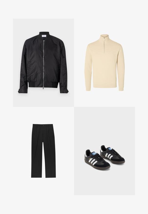 Zwarte bomberjack met een satijnen afwerking, voorzien van een ritssluiting aan de voorkant, geribde manchetten en onderkant, en een ronde kraag. Gladde textuur zonder patronen.; Beige, geribbelde gebreide trui met een hoge kraag en een rits tot halverwege. Beschikt over lange mouwen en een aangesloten zoom.; Zwarte broeken met een recht model, gemaakt van een gladde stof. Voorzien van een voorplooien en een enkele knoopsluiting bij de taille.; Zwarte sneakers met een bovenwerk van suède en synthetisch materiaal, voorzien van drie witte strepen, een gestructureerde rubberen zool en een blauw logo-label op de tong.