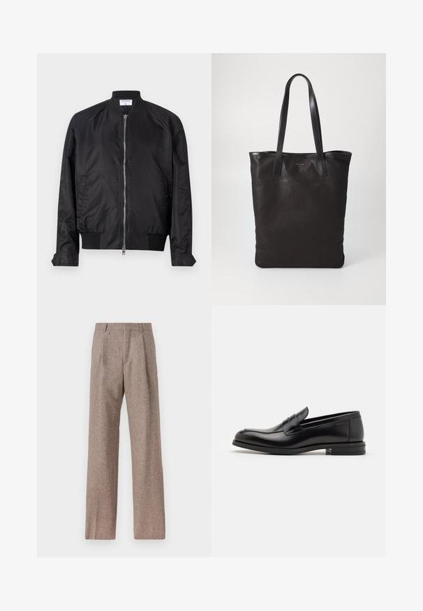 Jachetă bombă neagră cu finisaj satinat, cu fermoar la față, manșete și tiv cu nervuri și guler rotund. Textură netedă, fără modele.; Cămașă albă cu guler, având dungi verticale subtile, mâneci lungi, un buzunar la piept și un tiv clasic rotund.; Pantaloni bej, cu talie înaltă, dintr-un material texturat. Prezintă picioare late și două pliseuri frontale pentru structură. Finisaj îngrijit, fără accesorii vizibile.; Mocasini din piele neagră cu o textură netedă, vârf rotund și o curea decorativă peste partea superioară. Toc mic, design minimalist.; Geantă de umăr din pânză neagră cu mânere din piele neagră. Design simplu, corp spațios și textură netedă. Fără logo-uri sau modele vizibile.