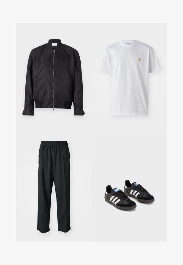 Fekete bomber dzseki satin bevonattal, elől cipzárral, bordázott mandzsettával és hem-el, valamint kerek nyakkal. Sima textúra minták nélkül.; Fehér pamut póló rövid ujjakkal, kerek nyakkal, bal mellel egy kis arany logóval. Puha tapintású és normál fazonú.; Fekete sportnadrág rugalmas derékkal, sima anyagból készült, finom oldalvarrással és laza illeszkedéssel, egyenes lábdesignnal.; Fekete sportcipők, velúrból és szintetikus anyagból készült felsőrésszel, három fehér csíkkal, textúrázott gumitalppal és kék logó címkével a nyelvén.