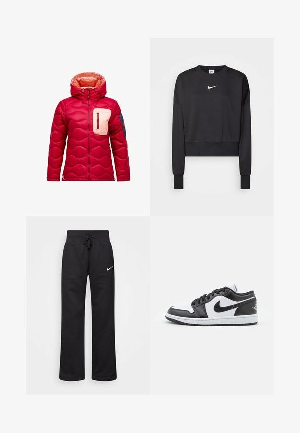 Red puffer jacket with a hood, featuring quilted texture, a cream-colored chest pocket, and a navy accent on the left sleeve.; Black cropped sweatshirt made of cotton blend, featuring a round neckline, long sleeves, and a white Nike logo on the chest.; Black sweatpants made of cotton blend, featuring a drawstring waistband, straight legs, and a white Nike logo on the left side.; Black and white Nike low-top sneakers feature a smooth leather upper, round toe, lace-up closure, and a patterned rubber outsole.