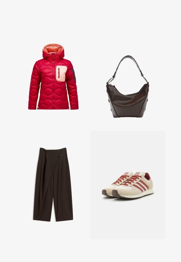 Rode gewatteerde jas met capuchon, met een gequilte structuur, een crèmekleurige borstzak en een marineblauw accent op de linkermouw.; Bordeaux wollen sweater met een ronde hals, losse pasvorm, lange mouwen en een zachte textuur. Geen patronen of versieringen.; Donkere bruin wijde broek met een hoge taille, voorzien van een enkele knoopsluiting en een geplooide voorkant. Gemaakt van lichtgewicht stof.; Beige en rode retro sneakers met drie rode strepen, bovenwerk van getextureerd suède en mesh, gevoerde zool, ronde neus.; Donkerbruine leren handtas met een gebogen vorm, ritsluiting en een korte handgreep. Voorzien van metalen hardware en decoratieve zwarte knopen aan de zijkant.