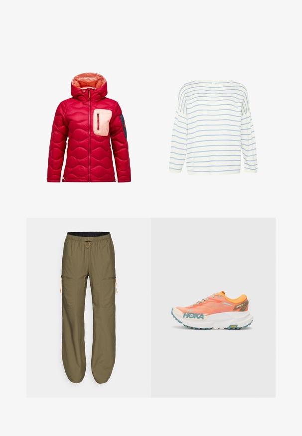 Doudoune rouge avec capuche, présentant une texture matelassée, une poche poitrine de couleur crème et un accent bleu marine sur la manche gauche.; Haut à manches longues blanc avec des rayures horizontales bleues. Il présente un large décolleté et une coupe ample, fabriqué à partir d'un tissu doux au toucher lisse.; Pantalons cargo légers de couleur olive avec une taille élastique et un cordon de serrage orange ; dispose de poches latérales zippées et de accents cousus.; Baskets de course orange et rose avec tige en maille, semelle intermédiaire blanche, semelle extérieure Vibram et accents bleu clair. Présente le logo HOKA sur le côté.