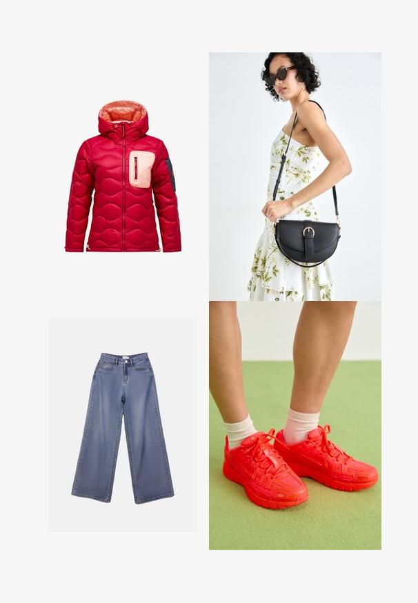 Rode gewatteerde jas met capuchon, met een gequilte structuur, een crèmekleurige borstzak en een marineblauw accent op de linkermouw.; Zwarte katoenen t-shirt met korte mouwen, voorzien van groene en witte "Nike Tennis Club" graphic, illustraties van een tennisbal en racket.; Lichte blauwe wijdlopende denim jeans met een hoge taille, voorzakken en een knoopsluiting met riemlussen.; Felrode Nike-sneakers met gaas- en rubberdetails, voorzien van versterkte veterogen en dikke zolen. Draag met crèmekleurige sokken.; Zwarte leren handtas met een gebogen vorm, afneembare schouderband en gouden hardware. De tas heeft een klep met een gespsluiting.