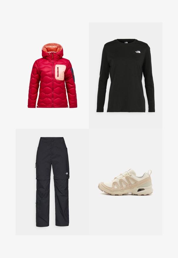 Rød pufferjakke med hette, med kviltet tekstur, en kremfarget brystlomme og en marineblå akcent på venstre erme.; Svart langermet T-skjorte laget av bomull med rund hals. Har en liten hvit logo på venstre brystområde. Enkelt design og passform.; Svarte nylon cargo-bukser med glidelås og justerbare mansjetter, flere lommer og en logo på høyre bein. Glatt, lett tekstur.; Beige og krem joggesko med teksturert mesh-overdel, støttende overlegg og gummisåle med et mønster for godt grep.