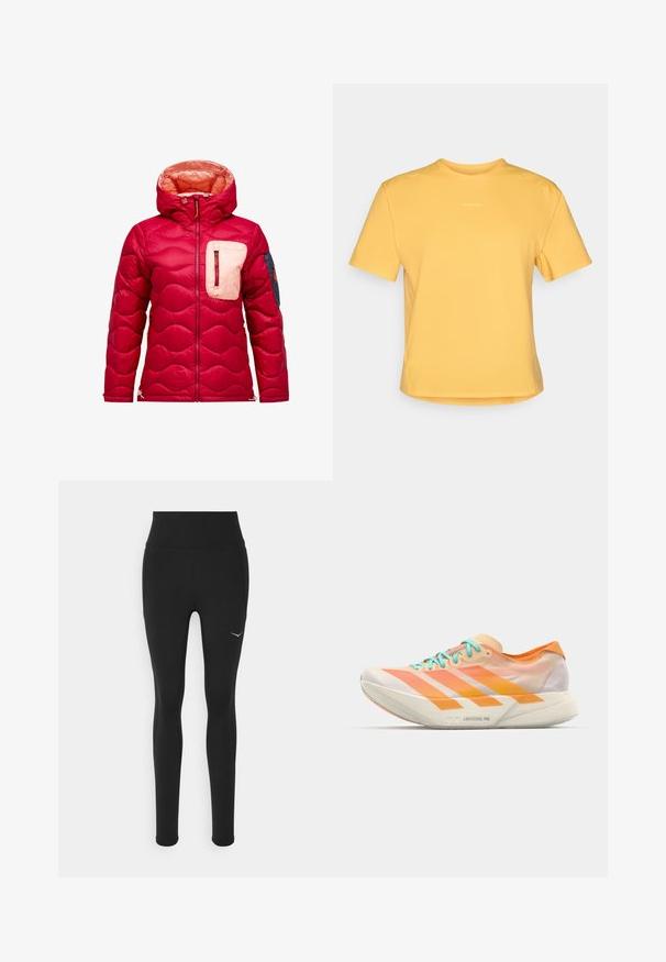 Doudoune rouge avec capuche, présentant une texture matelassée, une poche poitrine de couleur crème et un accent bleu marine sur la manche gauche.; T-shirt jaune à manches courtes avec un col rond, fabriqué en tissu doux. Présente un logo discret sur la poitrine et un ourlet droit.; Leggings noirs taille haute, en matériau extensible. Présente un petit logo blanc sur le côté gauche et des détails sur les coutures latérales.; Chaussure de course au design mélangé de orange, pêche et blanc. Équipée de trois rayures blanches et de lacets bleu clair.
