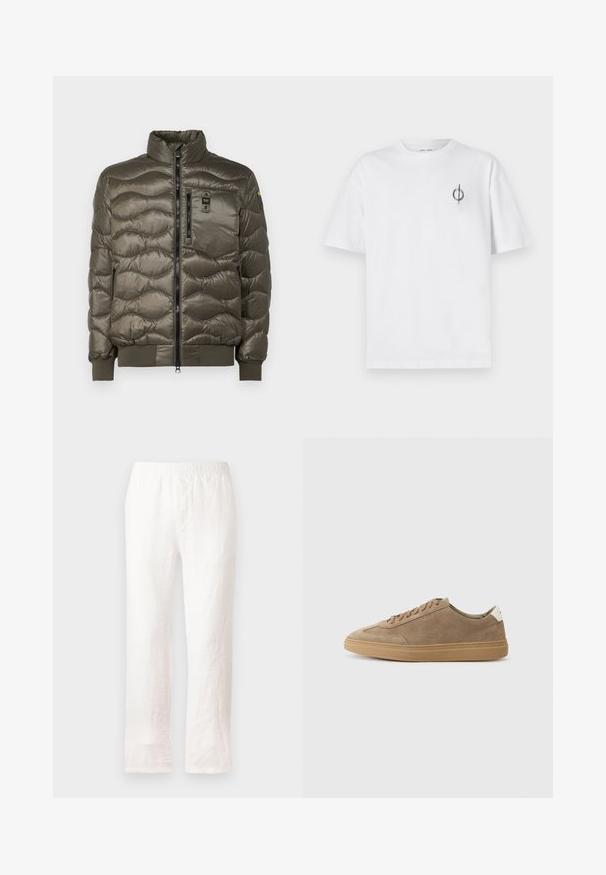 Blauer DANIEL - Tollkabát - olive; Fehér pamut póló laza szabással, kis fekete grafikai logóval a bal mellen. Rövid ujjak, kerek nyakkivágás.; Fehér len nadrág, rugalmas derékpánttal, egyenes lábbal és enyhén texturált anyagból. Nincsenek minták vagy további részletek.; Világosbarna velúr sportcipők, gumitalppal. Fűzős dizájn és minimalista stílus jellemzi, amelyet egy fehér sarokfűző tesz hangsúlyossá.