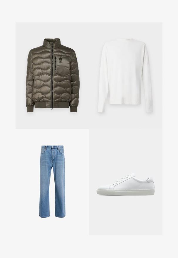 Blauer DANIEL - Doudoune - olive; Chemise en coton blanc à manches longues avec un col rond, fentes latérales en bas et une texture lisse, présentée de dos.; Jeans en denim bleu clair avec une coupe droite, cinq poches, fermeture à bouton, peu d'usure et des détails de couture contrastés.; Sneaker blanche avec une tige en cuir lisse et un profil bas. Présente un bout arrondi, six œillets et une semelle en caoutchouc texturé.