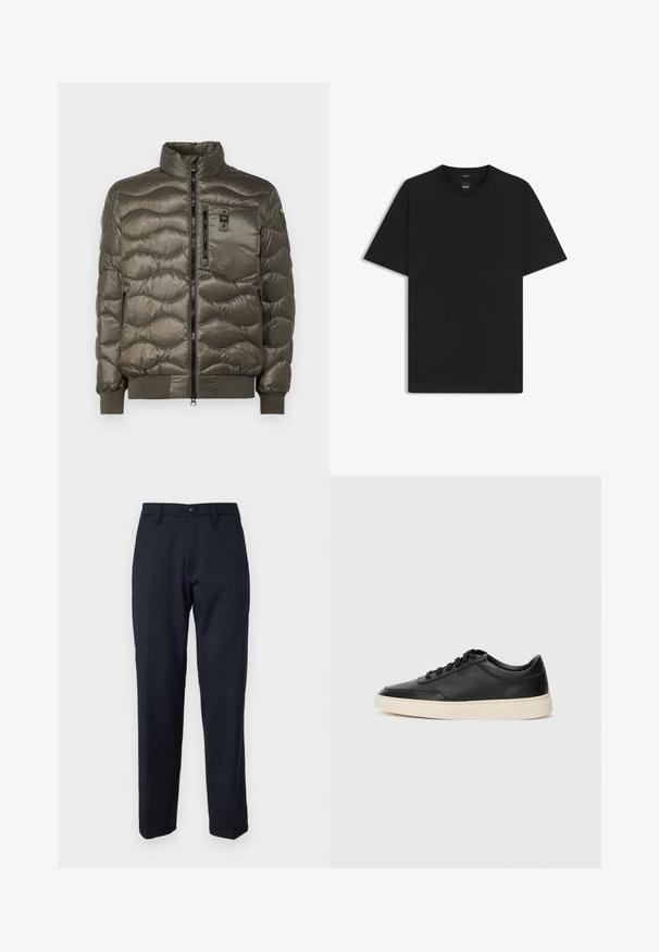 Blauer DANIEL - Dunjakker - olive; Sort kortærmet T-shirt lavet af en glat bomuldsblanding, med en rund halsudskæring og et minimalistisk design uden mønstre eller accenter.; Marineblå bukser lavet af glat stof, med en knap foran, rettede ben og sidelommer. Ingen mønstre eller udsmykninger synlige.; Sort lavt top lædersneaker med sorte snørebånd og off-white sål vist i sideprofil på hvid baggrund.