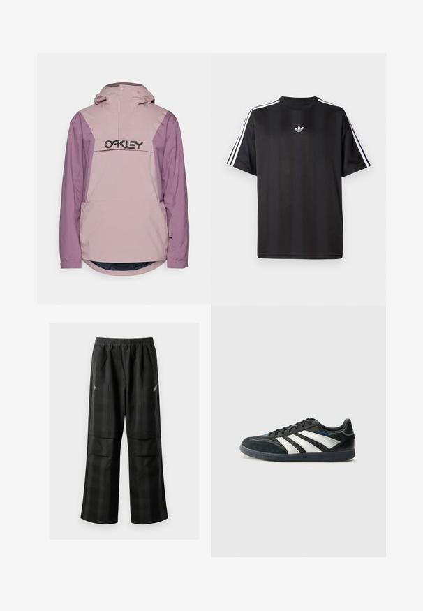 Kerge roosa ja lilla veekindel jope, millel on eestasku ja kapuuts; sisaldab suurt musta logo rinnal ja ümarat serva.; Must t-särk lühikeste varrukatega musta värviga, millel on valged kolmerealised detailid õlgadel ja väike valge logo rinnal. Sile kangas.; Mustas ruudulised püksid, millel on elastne vöökoht, kaks esimest taskut ja laiem lõige sirge jala disainiga. Valmistatud kergest materjalist.; adidas Performance PREDATOR FREESTYLE JUDE INDOOR FOOTBALL SHOES - Saalijalgpalli saapad - core black/silver-coloured/glory blue
