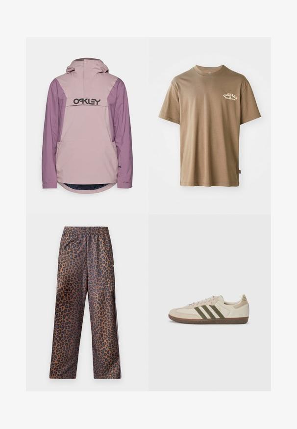 Giacca impermeabile rosa chiaro e viola con tasca frontale e cappuccio; presenta un grande logo nero sul petto e un orlo arrotondato.; T-shirt in cotone marrone con collo a giro e maniche corte, decorato con un logo bianco che recita "Dickies Workwear" nella parte sinistra del petto.; Pantaloni in stampa leopardo con vita elasticizzata. Realizzati in un tessuto lucido, presentano una base marrone con macchie nere e una vestibilità ampia.; adidas Originals SAMBA OG UNISEX - Sneakers basse - alumina/medium dark khaki/gum