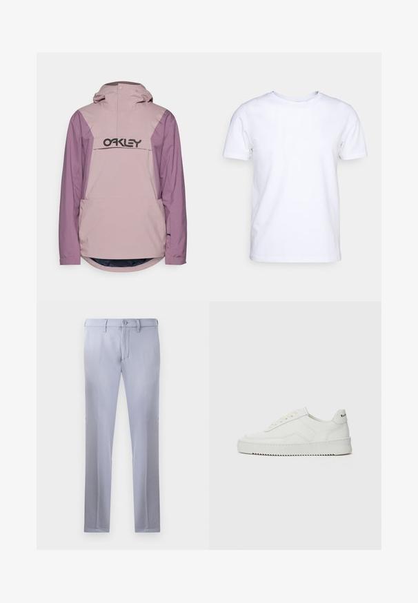 Lichtroze en paarse waterdichte jas met een voorzak en capuchon; heeft een groot zwart logo op de borst en een afgeronde zoom.; Witte katoenen t-shirt met korte mouwen en een ronde hals. Eenvoudig ontwerp zonder patronen of accenten. Glad textuur.; Lichtgrijze op maat gemaakte broeken van gladde stof, met een knoopsluiting, riemlussen en een rechte pijp. Geen zichtbare zakken.; Witte leren sneaker met een gladde afwerking, ronde neus, platte veters en een gestructureerde zool. Kenmerkt zich door een subtiel logo op de hiel.