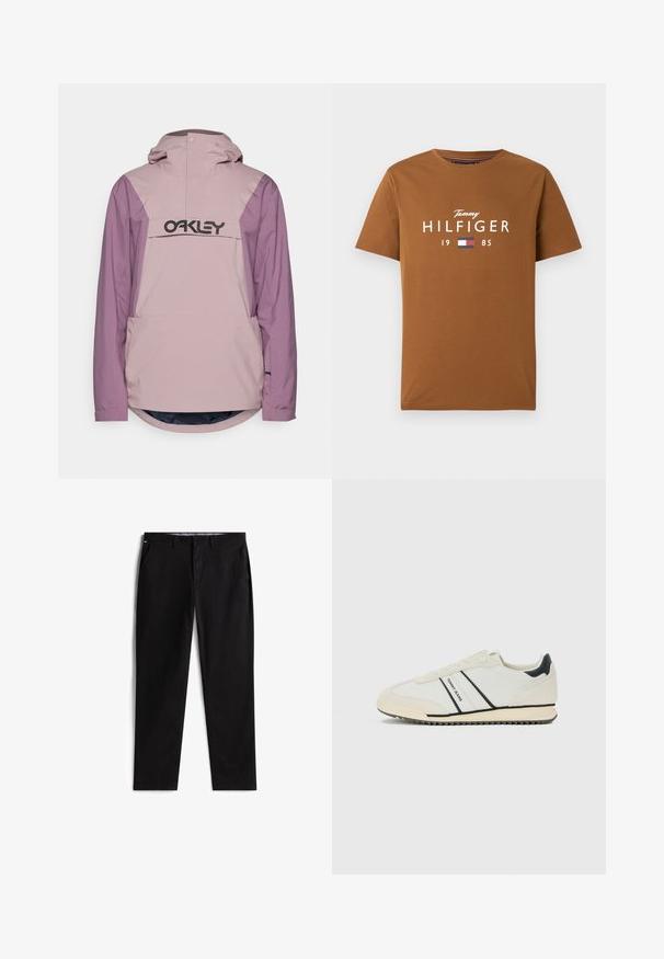 Lyserød og lilla vandtæt jakke med en frontlomme og hætte; har et stort sort logo på brystet og en rundet kant.; Brun T-shirt med korte ærmer med "Tommy Hilfiger 1985" logo og rød, hvid og blå flagemblem centreret på brystet.; Sorte bomuldslommer med en lige ben-design, der har sidelommer, knaplukning og en subtil logo detail på waistbanden.; Hvide afslappede sneakers med sorte accenter og "TOMMY JEANS" branding på siden, flad sål med rillede bunde, og snørebåndsdesign.