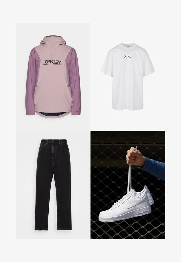 Jachetă impermeabilă roz deschis și mov, cu un buzunar frontal și glugă; are un logo negru mare pe piept și un tiv rotunjit.; Tricou alb din bumbac, cu guler rotund și mâneci scurte, având un logo brodat negru centrat pe piept.; Blugi negri din denim cu un design drept, având cinci buzunare, închidere cu nasture și fermoar, și cusături contrastante galbene.; Adidași albaștri din piele cu perforații, vârf rotund, talpă plată și șireturi groase, cu un logo swoosh vizibil și cu inscripția "AIR" pe toc.