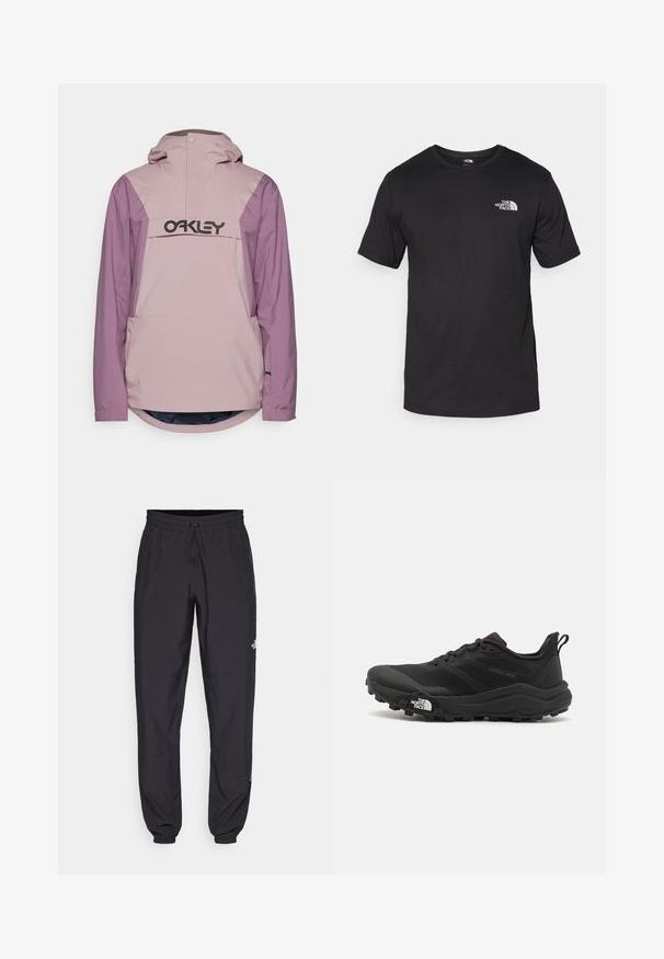 Helles pinkfarbendes und lila wasserdichtes Jacke mit einer Vordertasche und Kapuze; verfügt über ein großes schwarzes Logo auf der Brust und einen abgerundeten Saum.; Schwarzes T-Shirt mit kurzen Ärmeln aus Baumwolle, mit einem runden Ausschnitt und einem kleinen weißen Logo auf der oberen linken Brust.; Schwarze Sporthosen aus leichtem Stoff, mit einem Kordelzugbund, seitlichen Taschen und schmal zulaufenden Bündchen an den Knöcheln.; Schwarzer Trailrunning-Schuh mit strukturiertem Obermaterial, Gummisohle und verstärkter Zehenkappe. Verfügt über einen gepolsterten Kragen und eine Ziehlasche für einfaches Anziehen.