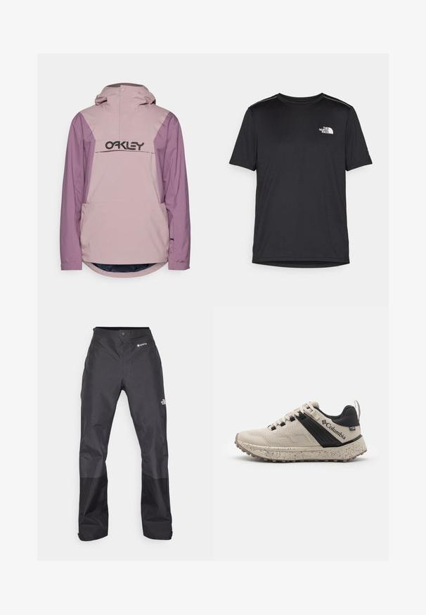Svetloružová a fialová nepremokavá bunda s prednou kapsou a kapucňou; na hrudi má veľké čierne logo a zaoblený lem.; Čierne tričko s krátkym rukávom vyrobené z ľahkej tkaniny. Obsahuje malé biele logo na ľavej hrudi a jemné akcenty na pleciach.; Čierne nepremokavé nohavice s hladkým povrchom, so značkou GORE-TEX na prednej strane a zosilnenými dolnými nohavicami pre väčšiu odolnosť.; Tenisky Columbia v béžovej a čiernej farbe, s textúrovaným sieťovým zvrškom, bodkovanou strednou podrážkou a odolnou gumovou podrážkou pre lepšiu priľnavosť.