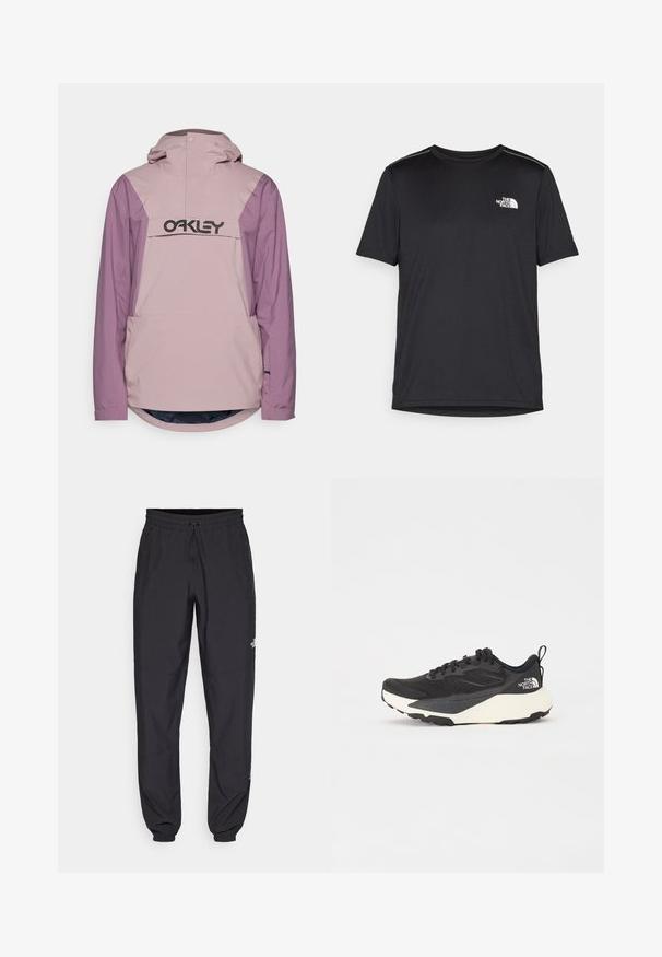 Lyserød og lilla vandtæt jakke med en frontlomme og hætte; har et stort sort logo på brystet og en rundet kant.; Sort t-shirt med korte ærmer lavet af letvægtsstof. Har et lille hvidt logo på venstre bryst og diskrete skuldrelementer.; Sorte atletiske bukser lavet af letvægtsstof, med en snor i taljen, sidelommer og tapered manchetter ved anklerne.; Sort sportsko med struktureret mesh-overdel, solide sorte detaljer og hvid letvægts sål. Har snørebåndslukning og trækstrop.