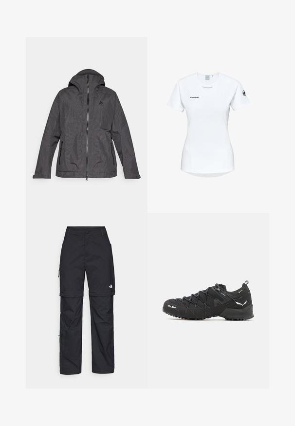 Sort og grå ternet jakke med hætte, frontlynlås og to sidelommer. Stoffet virker glat med et let design.; Kortærmet hvid sportsshirt med rund hals, prydet med et logo på brystet og en glat, let stofstruktur.; Sorte nylon cargo bukser med lynlås, justerbare manchetter, flere lommer og et logo på højre ben. Glat, let tekstur.; Sorte vandresko med en tekstureret stofoverdel, snøresystem og robust gummisål. Accenteret med reflekterende detaljer og logoer.