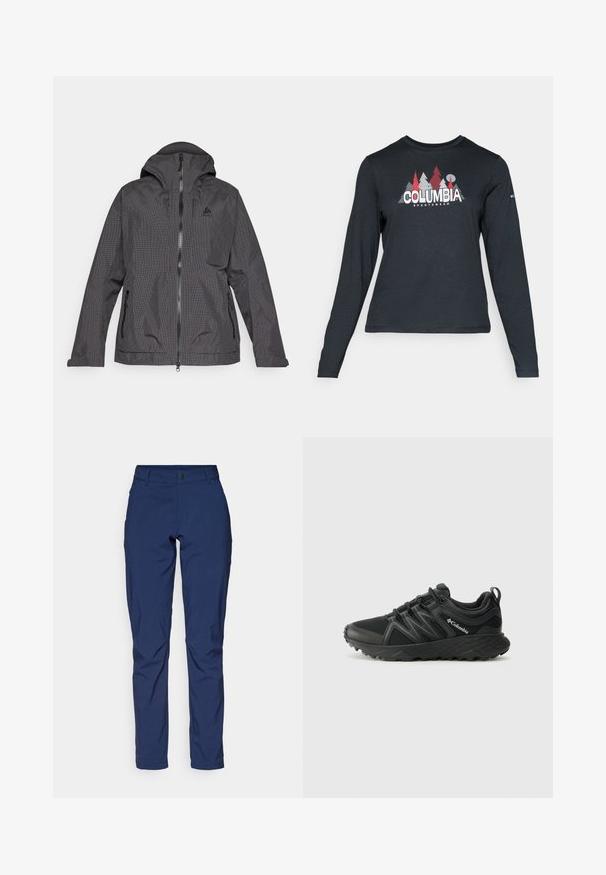 Fekete és szürke kockás dzseki kapucnival, elülső cipzárral és két oldalsó zsebbel. Az anyag simának tűnik, könnyű kialakítással.; Hosszú ujjú, sötétszürke ing piros fákkal és hegyekkel díszítve; a "COLUMBIA" logó vastag fehér betűkkel. Puha anyag, klasszikus kerek nyakkivágás.; Sötétkék nadrág sima anyagból, klasszikus fazonban, elülső zsebekkel és cipzáras fly gombos záródással.; Columbia PEAKFREAK - Túracipők - black