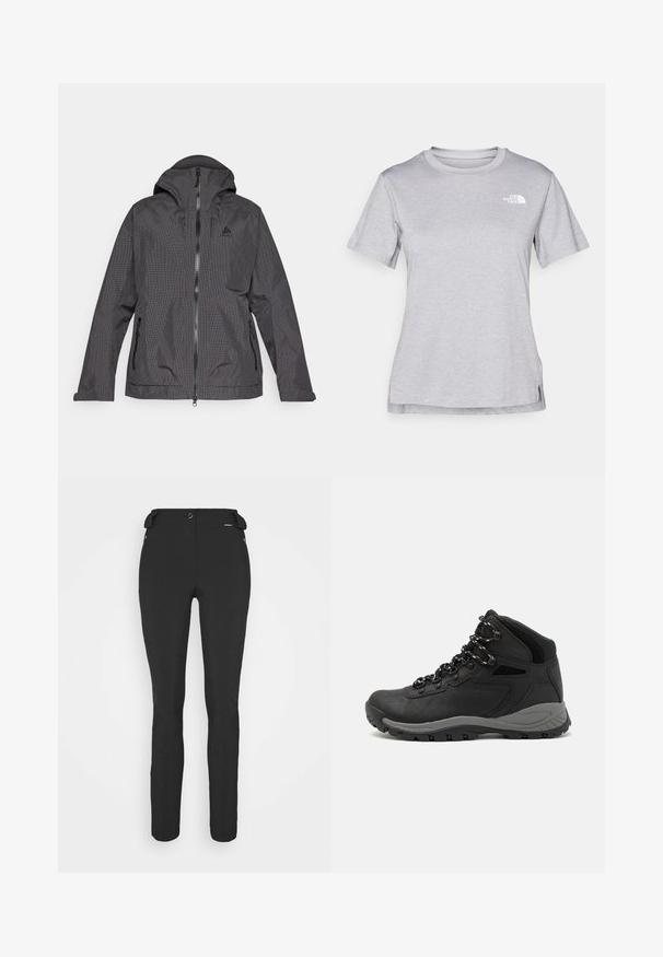 Schwarz-graue karierte Jacke mit Kapuze, Frontreißverschluss und zwei Seitentaschen. Der Stoff wirkt glatt und hat ein leichtes Design.; Graues T-Shirt mit kurzen Ärmeln aus weichem, feuchtigkeitsableitendem Stoff. Hat einen Rundhalsausschnitt und ein kleines weißes Logo auf der oberen linken Seite.; Schwarze, enganliegende Hosen aus einem flexiblen Material. Zu den Merkmalen gehören eine seitliche Reißverschlusstasche, vorgeformte Knie und eine glatte Textur.; Schwarzer Wanderstiefel mit einem mittelhohen Design, ausgestattet mit einer strukturierten Oberfläche, grauen Akzenten und einer robusten Gummisohle mit Profilstollen.