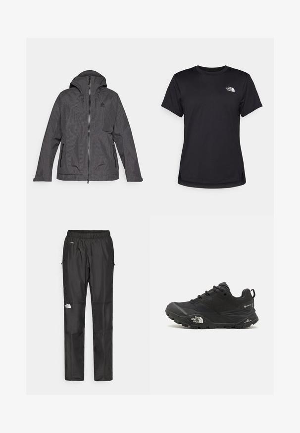Jachetă carourile negre și gri, cu glugă, fermoar frontal și două buzunare laterale. Materialul pare neted, având un design ușor.; The North Face FLEX SHORT SLEEVES TEE - Bluză sport - black; Pantaloni impermeabili negri, confecționați dintr-un material ușor, cu o talie elastică, buzunare laterale și un logo pe piciorul stâng.; Shoe de drumeții de culoare neagră cu un suprafață texturată, închidere cu șire, și o talpă din cauciuc masivă, având un logo proeminent pe lateral și modele de bandă.