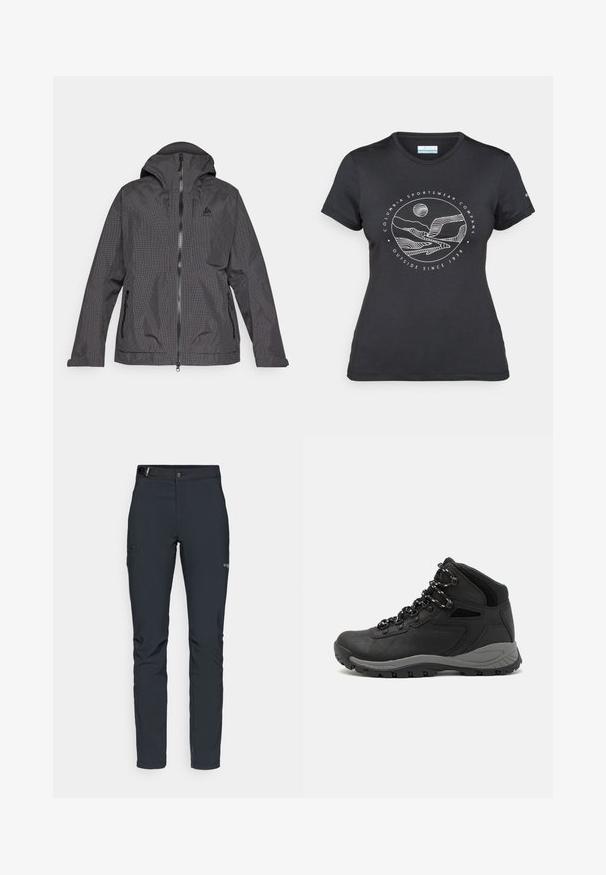 Black and gray checkered jacket featuring a hood, front zipper, and two side pockets. The fabric appears smooth with a lightweight design.; Black Columbia t-shirt with white circular mountain and river line art and text "Columbia Sportswear Company Outside Since 1938."; Men's outdoor pants, dark gray, made from flexible material, featuring a belt, zippered pockets, and reinforced stitching.; Black hiking boot with a mid-top design, featuring a textured upper, gray accents, and durable rubber sole with traction lugs.