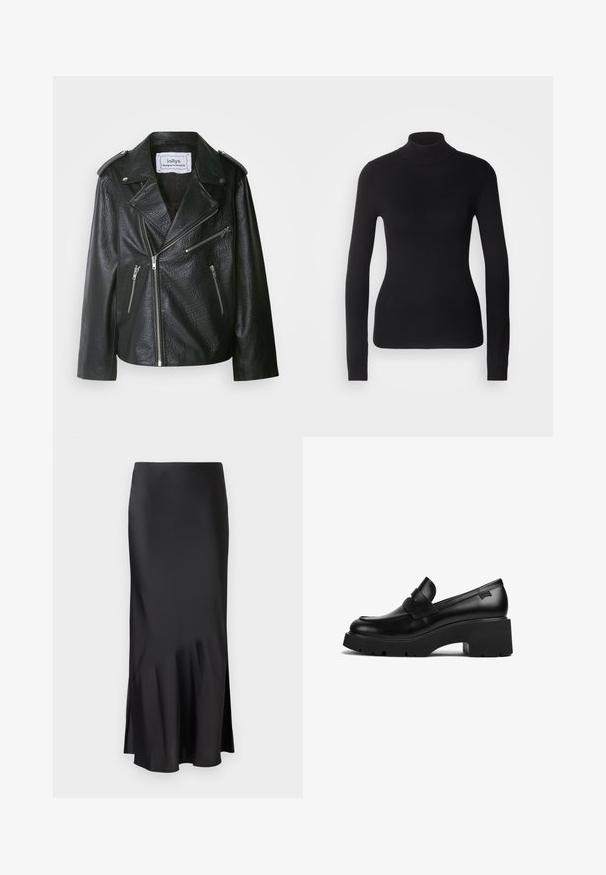 Mustast nahast mootorratturi jope, millel on tekstuuriga viimistlus, topelt krae ja mitu lukuga taskut. Hõbedased metallitooted.; Mustem turtleneck-sviiter, mis on valmistatud kerge kudumiskangast. Omab pikki varrukaid, slim-fit lõiget ja pehmet soonikut.; Mustmust midi seelik, millel on sujuv disain, kergelt laienev alumine äär ja külgmine lõhik liikumisvabaduse tagamiseks. Sile tekstuur.; Must musta jalgadega must nahast lohvik, paksu tallaga ja rihmaga ülevalt, kujutatud külgvaates valgel taustal.