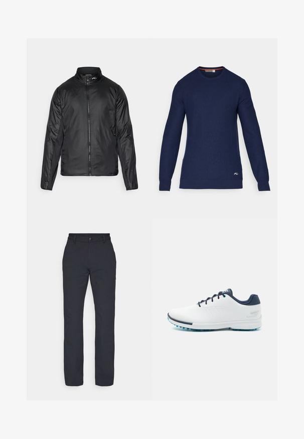 Black lightweight zip-up jacket with a high collar and textured fabric; features side panels for added flexibility.; Navy blue crew-neck sweater made of knit material, featuring long sleeves and a small logo accent on the lower right front.; Black, straight-leg pants with a smooth fabric finish, featuring a waistband with a button closure and no visible patterns or accents.; White athletic shoes with a smooth synthetic upper, blue accents, textured navy heel, and a lightweight, spiked sole for traction.