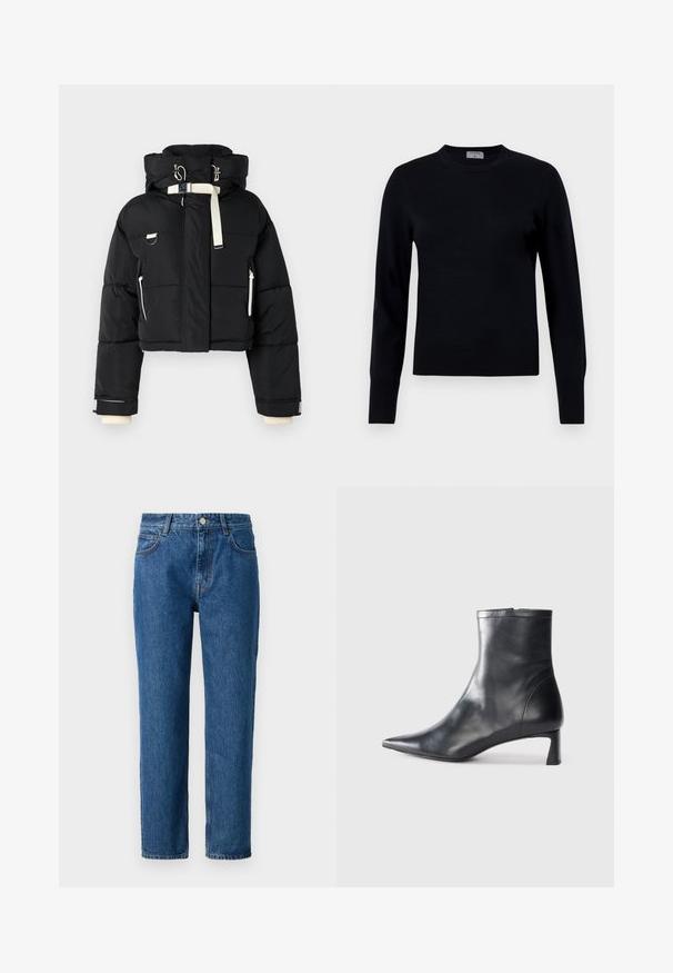 Jachetă scurtă din puf de culoare neagră, cu glugă, având accente de culoare crem, fermoar frontal, buzunare laterale și manșete elastice.; Pulover negru tricotat cu guler rotund și mâneci lungi. Are o textură fină și manșete ribovate, oferind o ajustare și un design clasic.; Jeans din denim albastru cu croială dreaptă, dotate cu închidere cu nasture, bucle pentru curea și buzunare frontale. Fabricate din material texturat din bumbac.; Cizmă de gleznă din piele neagră cu vârf ascuțit și un design elegant. Dispune de un toc mic și de o închidere cu fermoar la spate. Textură netedă.