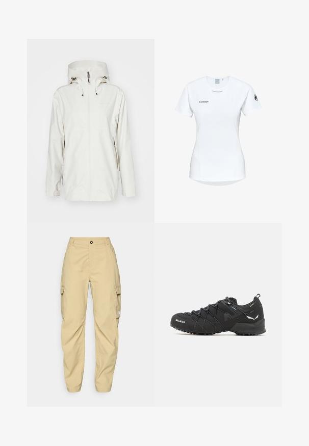 Hvid vandtæt jakke med høj krave, justerbare snore og lynlåslukning. Har sidelommer og en glat overflade.; Kortærmet hvid sportsshirt med rund hals, prydet med et logo på brystet og en glat, let stofstruktur.; The North Face EXPLORATION CARGO PANTS - Outdoorbukser - khaki stone; Sorte vandresko med en tekstureret stofoverdel, snøresystem og robust gummisål. Accenteret med reflekterende detaljer og logoer.