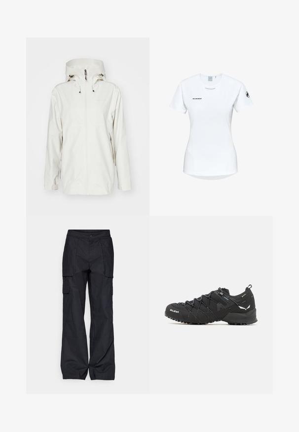 Witte waterdichte jas met hoge kraag, verstelbare trekkoorden en een ritssluiting aan de voorkant. Voorzien van zijzakken en een gladde textuur.; Korte mouwen witte sportshirt met een ronde halslijn, voorzien van een logo op de borst en een gladde, lichte stoftextuur.; Columbia BREA FALLS™ COTTON RIPSTOP PANT - Outdoorbroeken - black; Zwarte wandelschoenen met een bovenkant van textuurstof, een vetersysteem en een robuuste rubberen zool. Verfraaid met reflecterende details en logo's.