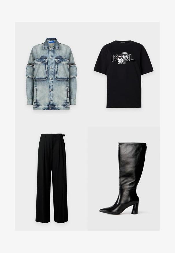Casaco de ganga azul claro com fecho de botões, dois bolsos no peito e um bolso lateral. Apresenta textura desbotada e detalhes de costura contrastantes.; T-shirt de algodão preta com uma impressão gráfica de duas figuras de cartoon com óculos de sol, acompanhadas pelo texto "KARL" em letras grandes.; Calças largas pretas de cintura alta, com pregas à frente e um cinto com fivela. Feitas de um tecido liso e leve.; Bota de couro preta até o joelho com bico fino, textura lisa e salto robusto. Possui um fecho de zíper na parte traseira.
