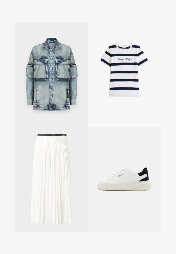 Lyseblå denimjakke med knappelukking, to brystlommer og en sidelomme. Har falmet tekstur og kontrasterende søm detaljer.; Koftet laget av bomull har horisontale marineblå striper på hvit bakgrunn. "Tommy Hilfiger" brodert i kursiv på brystet. Rund hals.; Plissert hvit skjørt med en svart elastisk midje som har "LACOSTE"-logoen. Midjelengde design med myk tekstur.; Hvite lær sneakers med tykk hvit såle, svart semsket hælforsterkning og preget logo på siden. Snøresystem med seks hull.