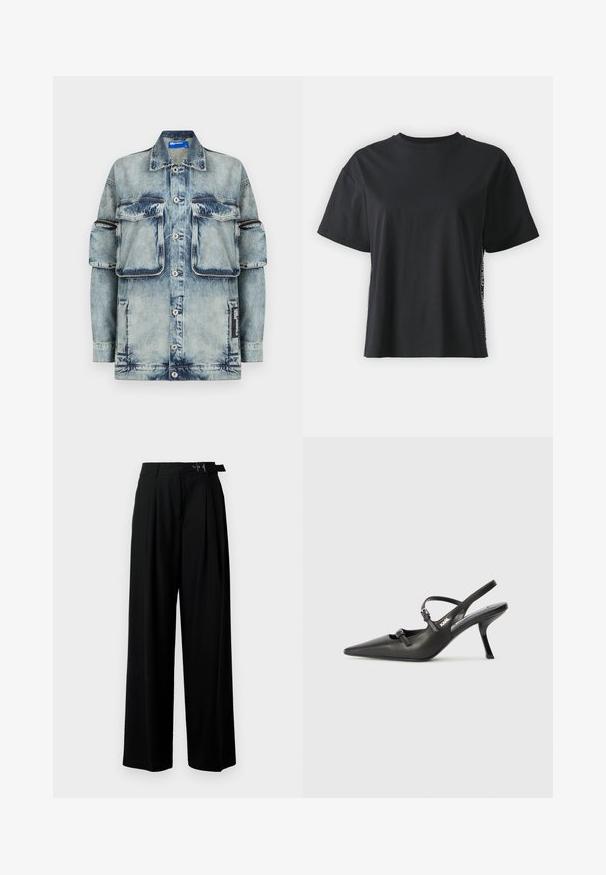 Gaiši zila džinsa jaka ar pogu aizdari, divām krūšu kabatām un vienu sānu kabatu. Raksturīga izbalējusi tekstūra un kontrastējošas šuvju detaļas.; Melna īsām piedurknēm kokvilnas t-kreklu ar brīvu piegriezumu un kontrastējošu sānu paneli, kas satur nelielu tekstu un dizaina detaļas.; Melni plaši bikses ar augsto jostasvītru, priekšā ar krokojiem un jostu ar sprādzi. Izgatavotas no gludas, vieglas auduma.; Melnas ādas slingback papēži ar norādītu purngalu, izsmalcinātu papēdi un dekoratīvu sprādzi uz priekšpuses. Gluda tekstūra un elegants dizains.